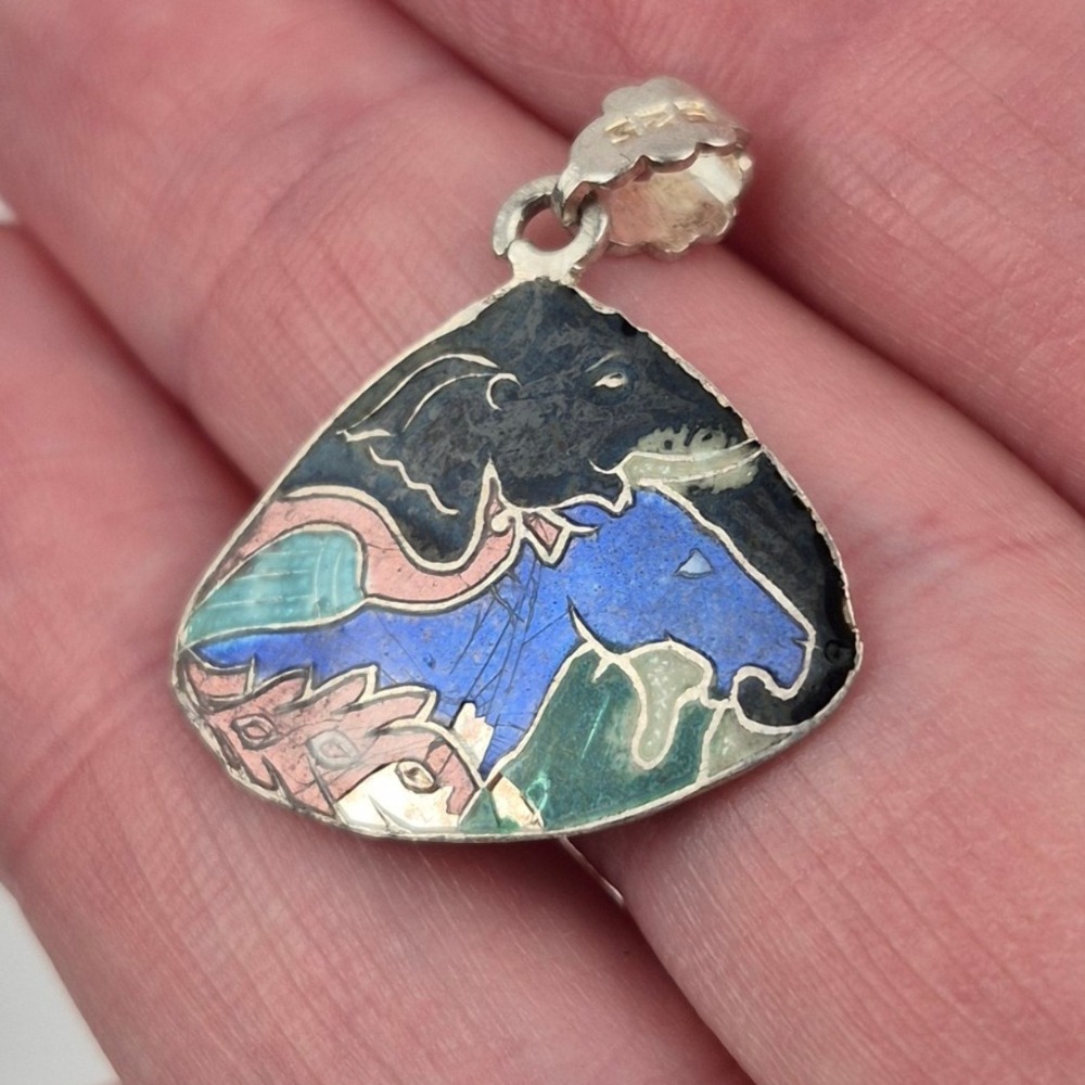 Sterling Silver 925 Cloisonné Enamel Pendant Elephant Peacock Animal Design